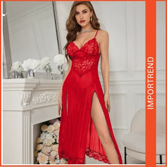 Elegant & Seductive Sheer Lace Nightgown with Double Slits – Includes Matching Underwear
