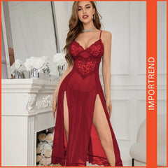 Elegant & Seductive Sheer Lace Nightgown with Double Slits – Includes Matching Underwear
