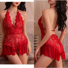 Sexy Naughty Teddy Lingerie – Lace Halter V-Neck Bodysuit