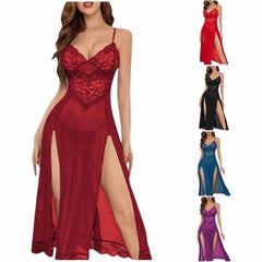 Elegant & Seductive Sheer Lace Nightgown with Double Slits – Includes Matching Underwear
