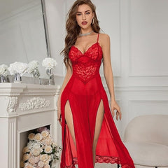 Elegant & Seductive Sheer Lace Nightgown with Double Slits – Includes Matching Underwear