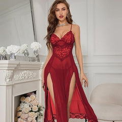 Elegant & Seductive Sheer Lace Nightgown with Double Slits – Includes Matching Underwear