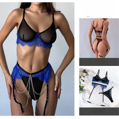 Mesh Blue Lace Chain Steel Ring Sexy Lingerie