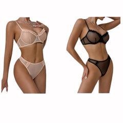 Women's Sexy Perspective Mesh Pleated Lace Steel Ring Gathered Simple Bra Set Nightwear