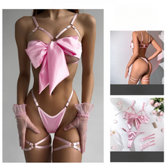 Women's Sexy Bow Tie Multi-Color Bra with Leg Ring Nightwear