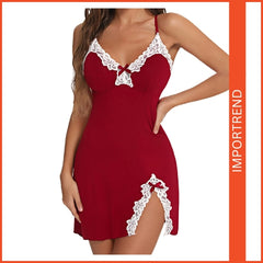 Deep V Bow Side Slit Slim Suspender Nightdress