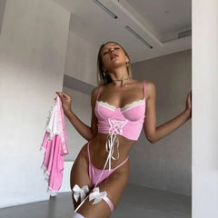 Sexy Maid Lingerie Set  Floral Lace Bra, Apron Skirt & Bow Front Nightwear
