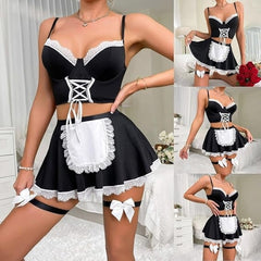 Sexy Maid Lingerie Set  Floral Lace Bra, Apron Skirt & Bow Front Nightwear