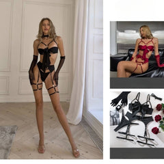 Women's Sexy Straps Bows Revealing Breasts Uniforms with Gloves