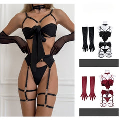 Women's Sexy Straps Bows Revealing Breasts Uniforms with Gloves
