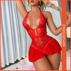 Sexy Naughty Teddy Lingerie – Lace Halter V-Neck Bodysuit
