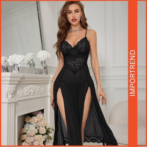 Elegant & Seductive Sheer Lace Nightgown with Double Slits – Includes Matching Underwear