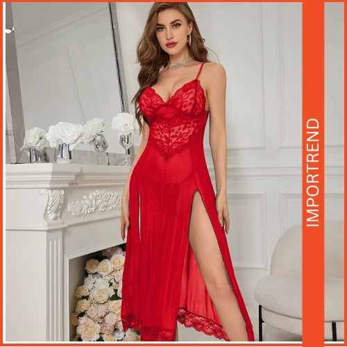 Elegant & Seductive Sheer Lace Nightgown with Double Slits – Includes Matching Underwear