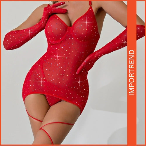 Nightwear Mesh Transparent Dress Set with Leggings & Gloves
