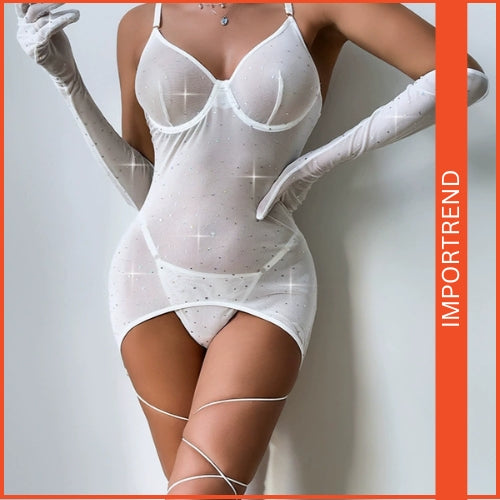 Nightwear Mesh Transparent Dress Set with Leggings & Gloves