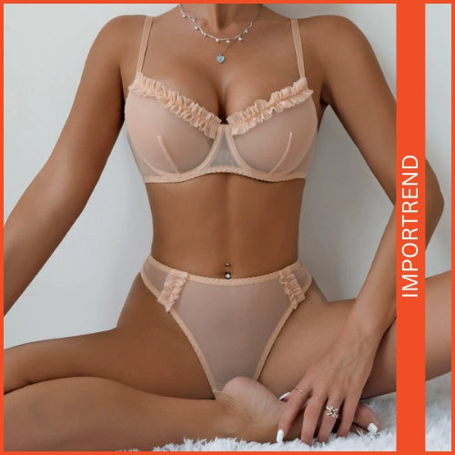Women's Sexy Perspective Mesh Pleated Lace Steel Ring Gathered Simple Bra Set Nightwear