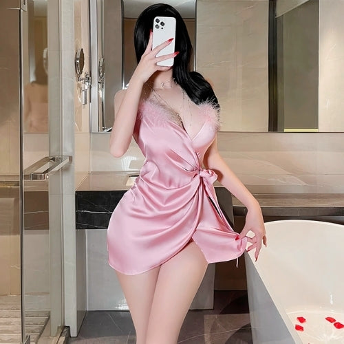 Deep V Fur Collar Nightdress Set