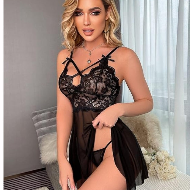 Women’s Sexy Lace Babydoll with G-String – Sheer Nightwear with Cross Straps
