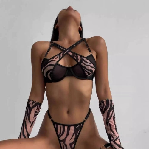 Cross-Neck Mesh Steel Ring Bra Set with Gloves & Leg Ring