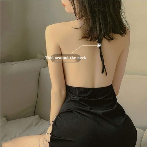 Backless Splicing Halter Neck Side Slit Suspender Lingerie