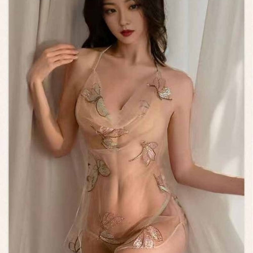 Halter Neck Butterfly Embroidered Nightdress