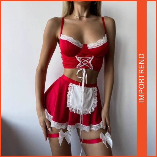 Sexy Maid Lingerie Set  Floral Lace Bra, Apron Skirt & Bow Front Nightwear