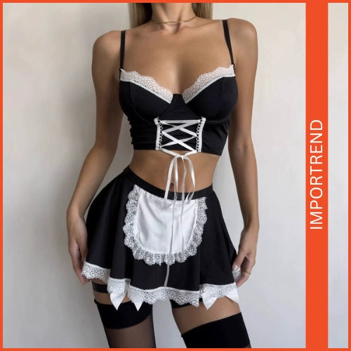 Sexy Maid Lingerie Set  Floral Lace Bra, Apron Skirt & Bow Front Nightwear