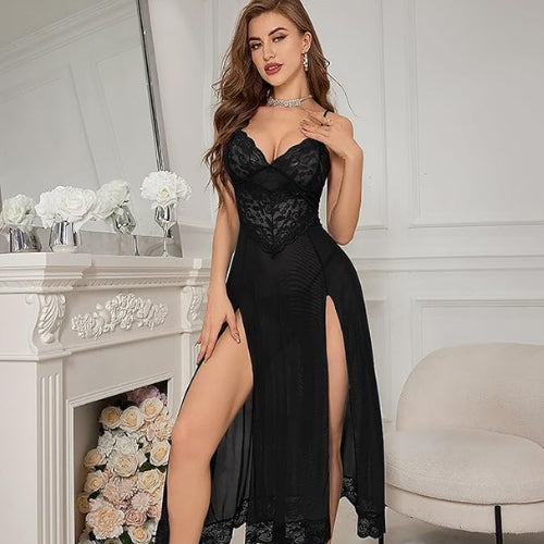 Elegant & Seductive Sheer Lace Nightgown with Double Slits – Includes Matching Underwear