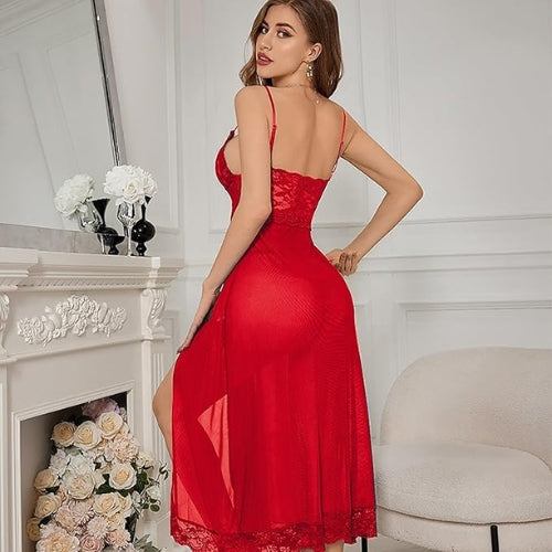 Elegant & Seductive Sheer Lace Nightgown with Double Slits – Includes Matching Underwear