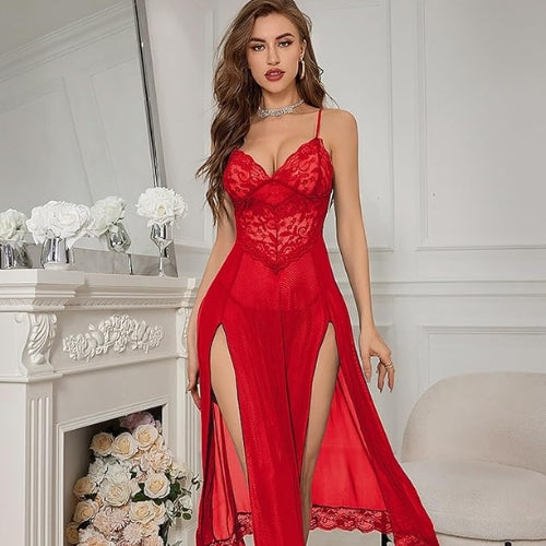 Elegant & Seductive Sheer Lace Nightgown with Double Slits – Includes Matching Underwear