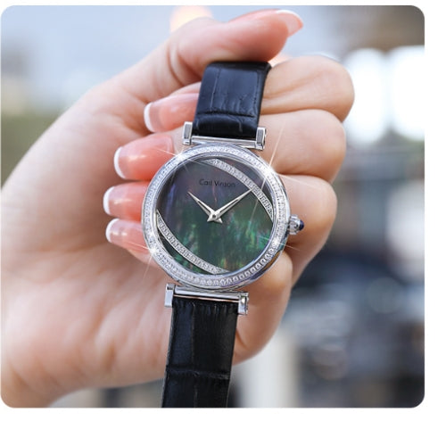 Women's Quartz Watch with Feather Surface, Diamond Accents
