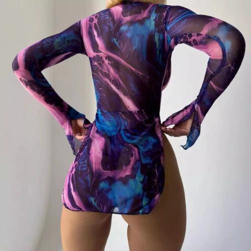 Elegant & Seductive High Collar Tie-Dye Mesh Dress