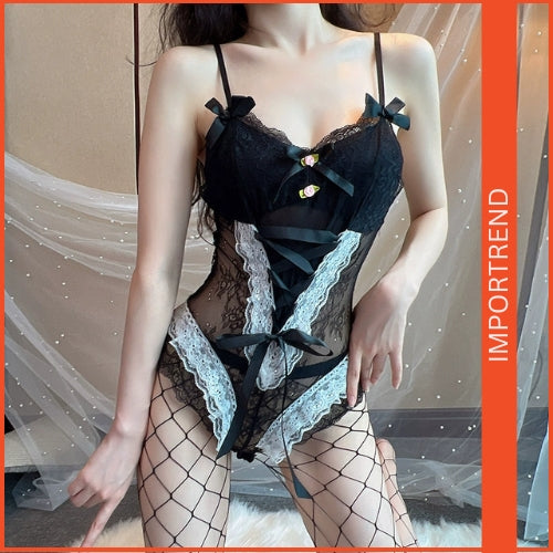 Lace sweetheart dark button crotch opening nightwear