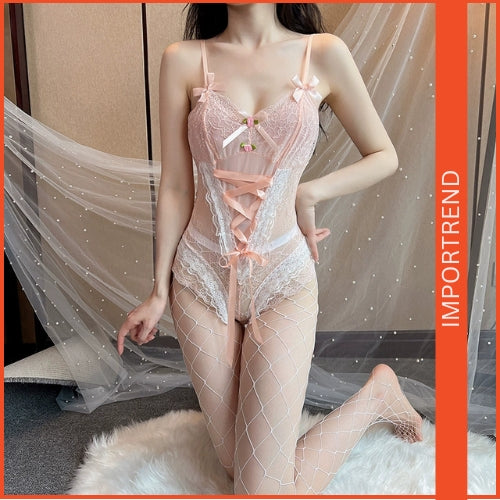 Lace sweetheart dark button crotch opening nightwear