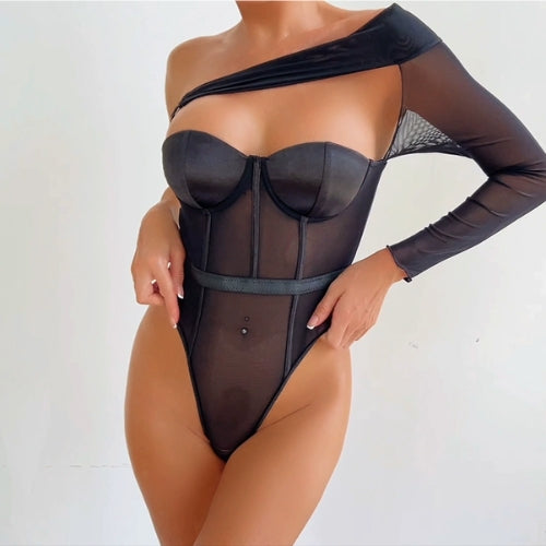 Elegant One-Sleeve Transparent Mesh Body-Shaping Lingerie