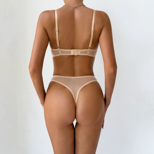 Women's Sexy Perspective Mesh Pleated Lace Steel Ring Gathered Simple Bra Set Nightwear