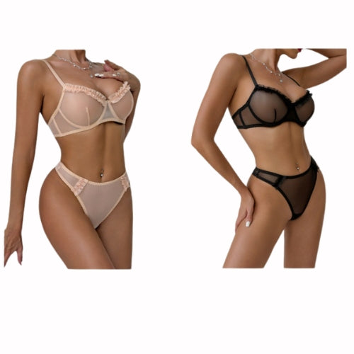 Women's Sexy Perspective Mesh Pleated Lace Steel Ring Gathered Simple Bra Set Nightwear