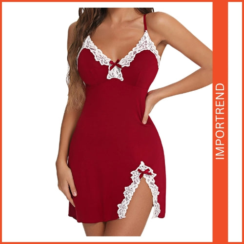 Deep V Bow Side Slit Slim Suspender Nightdress