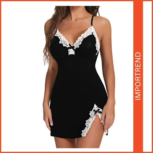 Deep V Bow Side Slit Slim Suspender Nightdress