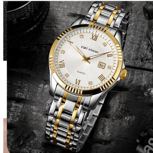 Men's Waterproof, Diamond Roman Studs, Calendar Quartz Watch
