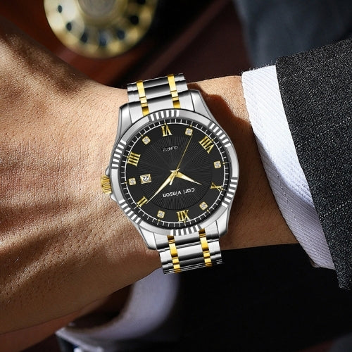 Men's Waterproof, Diamond Roman Studs, Calendar Quartz Watch