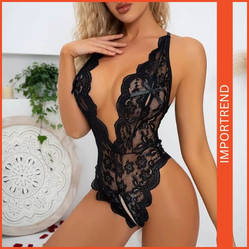 Women's Lace Jumpsuit Snap Crotch Lingerie Nightwear