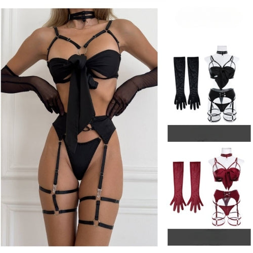 Women's Sexy Straps Bows Revealing Breasts Uniforms with Gloves