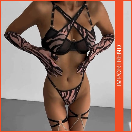 Cross-Neck Mesh Steel Ring Bra Set with Gloves & Leg Ring