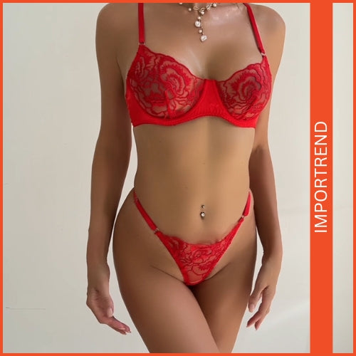 Women's Sexy Lace Red Embroidery Steel Ring Bra Nightwear