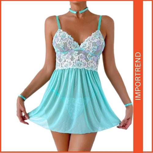 Elegant & Seductive Embroidered Floral Mesh Nightwear Set