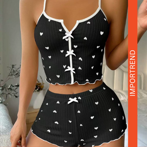 Heart-Shaped Print Contrast Color Home Wear Front Slit Suspender Pajamas Set