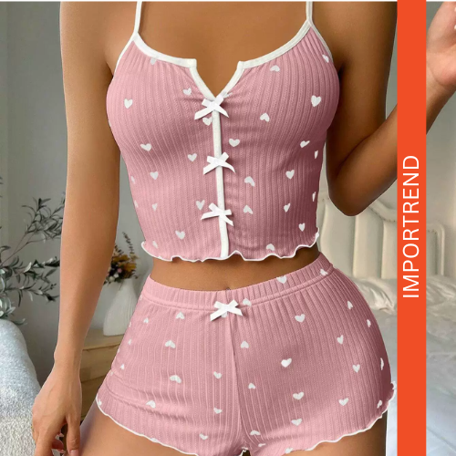 Heart-Shaped Print Contrast Color Home Wear Front Slit Suspender Pajamas Set