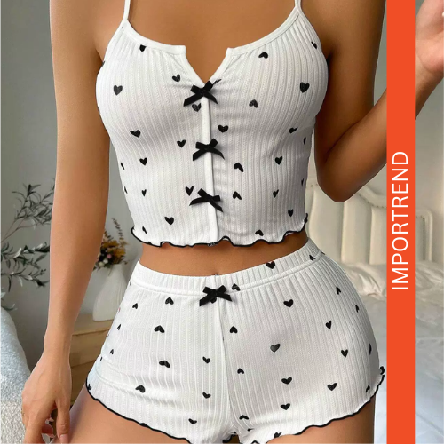Heart-Shaped Print Contrast Color Home Wear Front Slit Suspender Pajamas Set