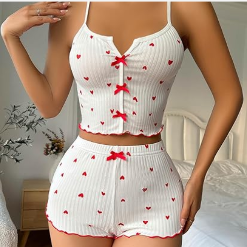 Heart-Shaped Print Contrast Color Home Wear Front Slit Suspender Pajamas Set